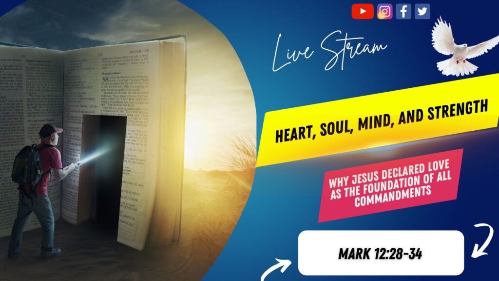 [Description of Image]: A thumbnail image featuring a symbolic representation of a journey through scripture. It includes a man wearing a red shirt, blue jeans, backpack, and a red baseball cap, holding a flashlight and pointing it towards a "door" cutout into a giant-sized Bible. The scene is set in a desert or barren land, with the sun in the distance. A white dove is also depicted in the image, representing peace and guidance [Text Overlay]: "Wednesday in The Word" live stream thumbnail with the Bible book reference Mark 12:28-34 and the date September 25, 2024.