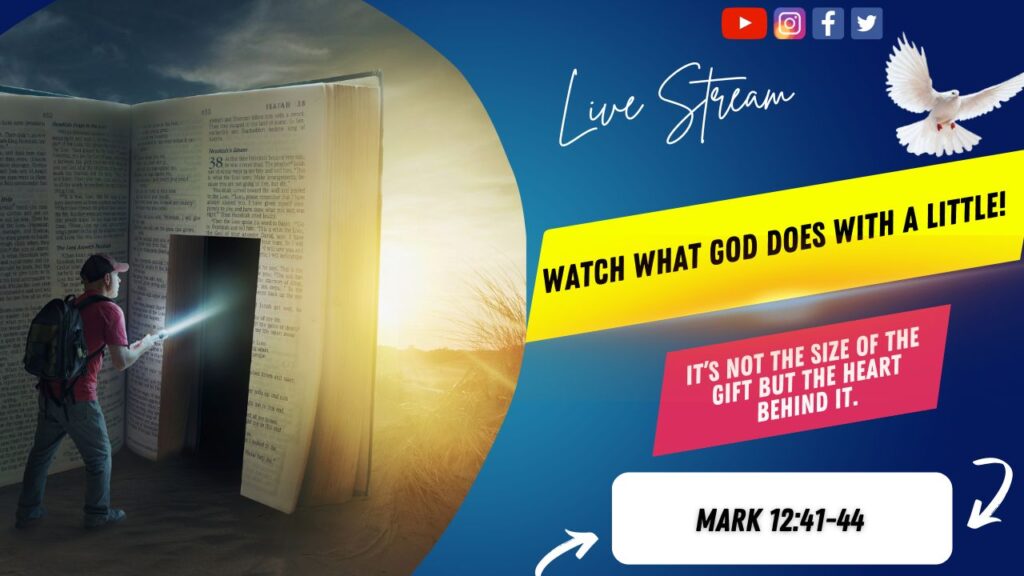 [Description of Image]: A thumbnail image featuring a symbolic representation of a journey through scripture. It includes a man wearing a red shirt, blue jeans, backpack, and a red baseball cap, holding a flashlight and pointing it towards a "door" cutout into a giant-sized Bible. The scene is set in a desert or barren land, with the sun in the distance. A white dove is also depicted in the image, representing peace and guidance [Text Overlay]: "Wednesday in The Word" live stream thumbnail with the Bible book reference Mark 12:41-44 and the date October 09, 2024.