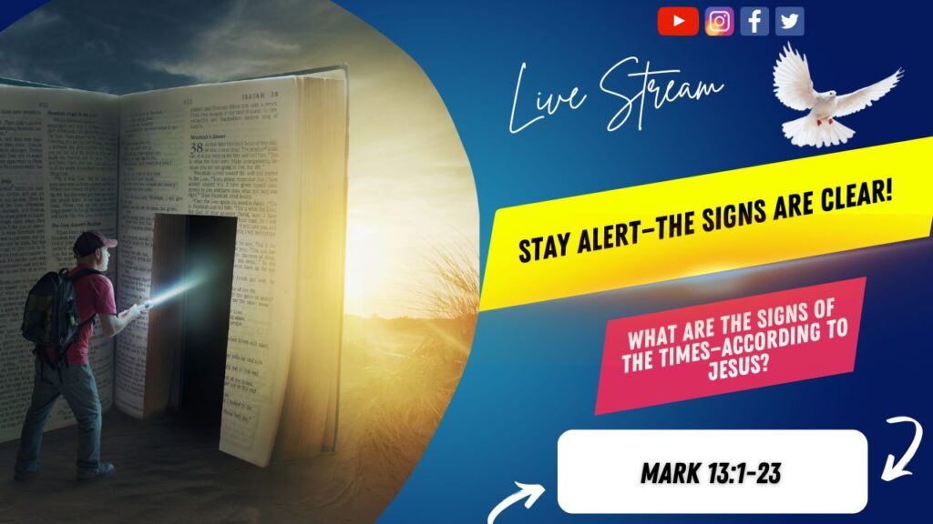 [Description of Image]: A thumbnail image featuring a symbolic representation of a journey through scripture. It includes a man wearing a red shirt, blue jeans, backpack, and a red baseball cap, holding a flashlight and pointing it towards a "door" cutout into a giant-sized Bible. The scene is set in a desert or barren land, with the sun in the distance. A white dove is also depicted in the image, representing peace and guidance [Text Overlay]: "Wednesday in The Word" live stream thumbnail with the Bible book reference Mark 13:1-23 and the date October 16, 2024.