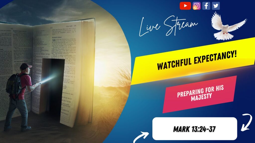 [Description of Image]: A thumbnail image featuring a symbolic representation of a journey through scripture. It includes a man wearing a red shirt, blue jeans, backpack, and a red baseball cap, holding a flashlight and pointing it towards a "door" cutout into a giant-sized Bible. The scene is set in a desert or barren land, with the sun in the distance. A white dove is also depicted in the image, representing peace and guidance [Text Overlay]: "Wednesday in The Word" live stream thumbnail with the Bible book reference Mark 13:24-37 and the date October 23, 2024.