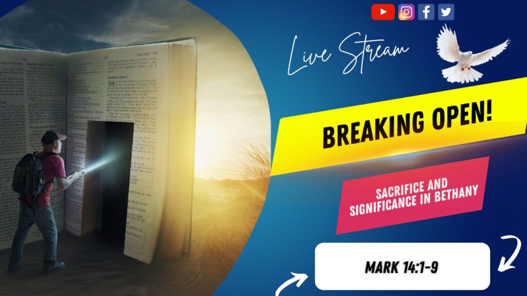 [Description of Image]: A thumbnail image featuring a symbolic representation of a journey through scripture. It includes a man wearing a red shirt, blue jeans, backpack, and a red baseball cap, holding a flashlight and pointing it towards a "door" cutout into a giant-sized Bible. The scene is set in a desert or barren land, with the sun in the distance. A white dove is also depicted in the image, representing peace and guidance [Text Overlay]: "Wednesday in The Word" live stream thumbnail with the Bible book reference Mark Mark 14:1-9 and the date October 30, 2024.