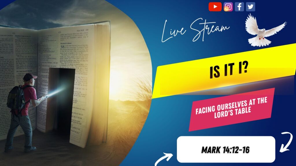 [Description of Image]: A thumbnail image featuring a symbolic representation of a journey through scripture. It includes a man wearing a red shirt, blue jeans, backpack, and a red baseball cap, holding a flashlight and pointing it towards a "door" cutout into a giant-sized Bible. The scene is set in a desert or barren land, with the sun in the distance. A white dove is also depicted in the image, representing peace and guidance [Text Overlay]: "Wednesday in The Word" live stream thumbnail with the Bible book reference Mark 14:10-21 and the date November 13, 2024.