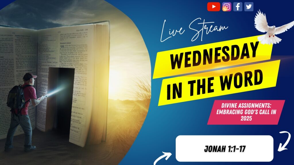 [Description of Image]: A thumbnail image featuring a symbolic representation of a journey through scripture. It includes a man wearing a red shirt, blue jeans, backpack, and a red baseball cap, holding a flashlight and pointing it towards a "door" cutout into a giant-sized Bible. The scene is set in a desert or barren land, with the sun in the distance. A white dove is also depicted in the image, representing peace and guidance [Text Overlay]: "Wednesday in The Word" live stream thumbnail with the Bible book reference Jonah 1:1-17 and the date January 08, 2025.