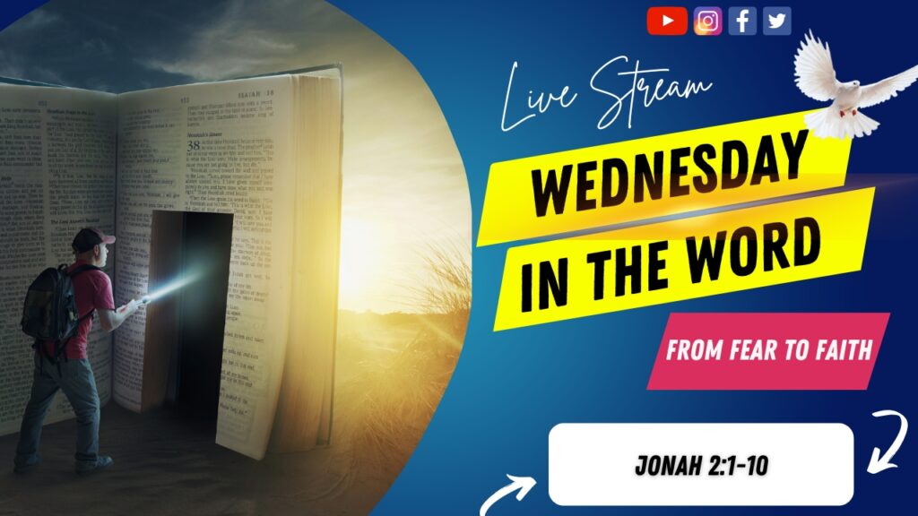 [Description of Image]: A thumbnail image featuring a symbolic representation of a journey through scripture. It includes a man wearing a red shirt, blue jeans, backpack, and a red baseball cap, holding a flashlight and pointing it towards a "door" cutout into a giant-sized Bible. The scene is set in a desert or barren land, with the sun in the distance. A white dove is also depicted in the image, representing peace and guidance [Text Overlay]: "Wednesday in The Word" live stream thumbnail with the Bible book reference Jonah 2:1-10 and the date January 15, 2025.