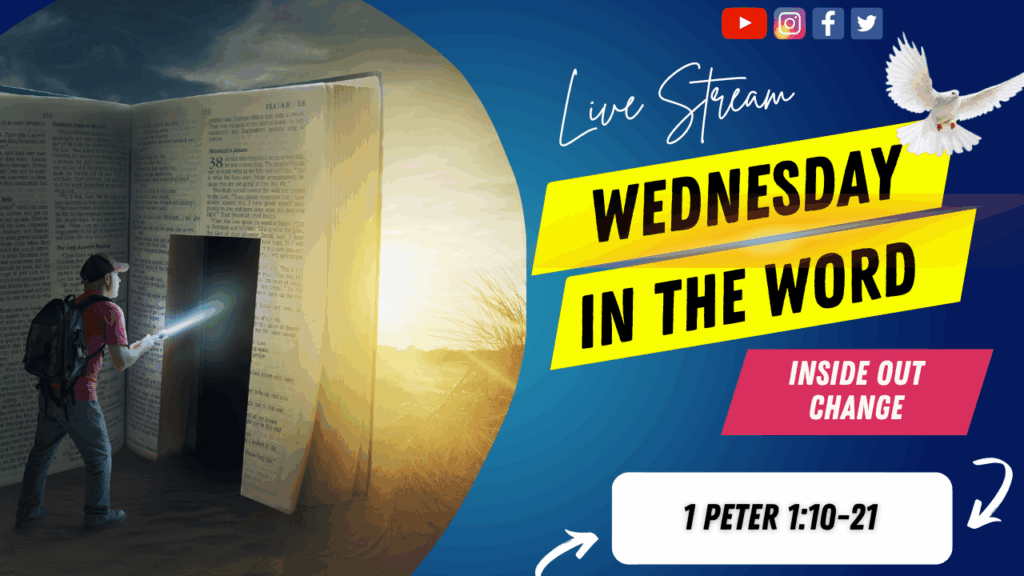 [Description of Image]: A thumbnail image featuring a symbolic representation of a journey through scripture. It includes a man wearing a red shirt, blue jeans, backpack, and a red baseball cap, holding a flashlight and pointing it towards a "door" cutout into a giant-sized Bible. The scene is set in a desert or barren land, with the sun in the distance. A white dove is also depicted in the image, representing peace and guidance [Text Overlay]: "Wednesday in The Word" live stream thumbnail with the Bible book reference 1 Peter 1:10-21 and the date May 14, 2025.