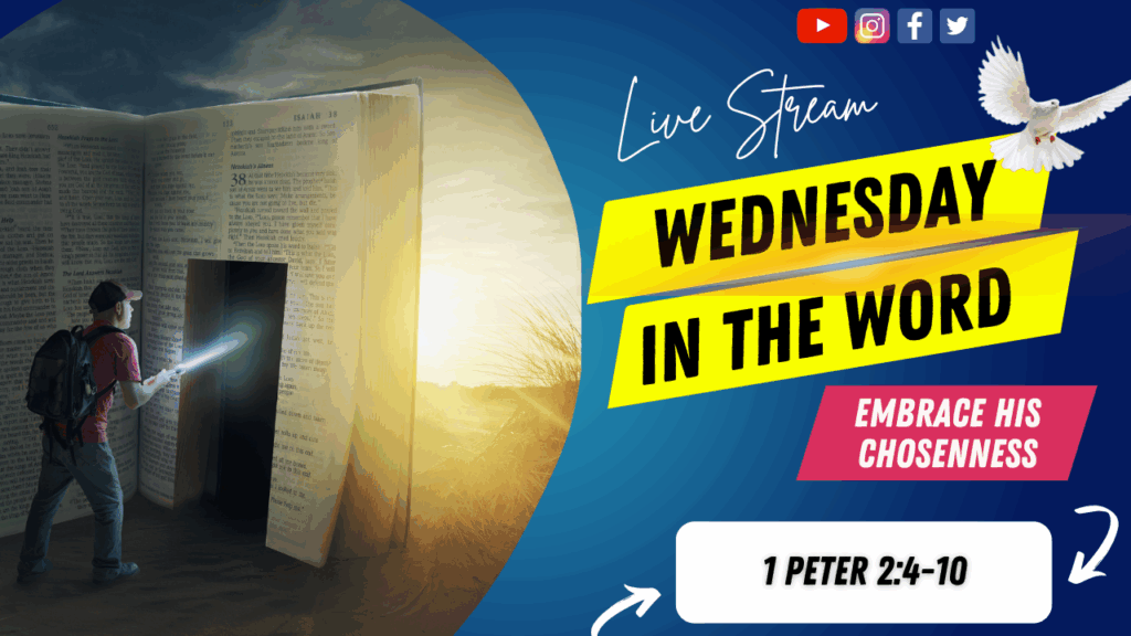 [Description of Image]: A thumbnail image featuring a symbolic representation of a journey through scripture. It includes a man wearing a red shirt, blue jeans, backpack, and a red baseball cap, holding a flashlight and pointing it towards a "door" cutout into a giant-sized Bible. The scene is set in a desert or barren land, with the sun in the distance. A white dove is also depicted in the image, representing peace and guidance [Text Overlay]: "Wednesday in The Word" live stream thumbnail with the Bible book reference 1 Peter 2:4-10 and the date May 28, 2025.