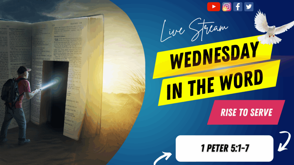 [Description of Image]: A thumbnail image featuring a symbolic representation of a journey through scripture. It includes a man wearing a red shirt, blue jeans, backpack, and a red baseball cap, holding a flashlight and pointing it towards a "door" cutout into a giant-sized Bible. The scene is set in a desert or barren land, with the sun in the distance. A white dove is also depicted in the image, representing peace and guidance [Text Overlay]: "Wednesday in The Word" live stream thumbnail with the Bible book reference 1 Peter 5:1-7 and the date July 09, 2025.