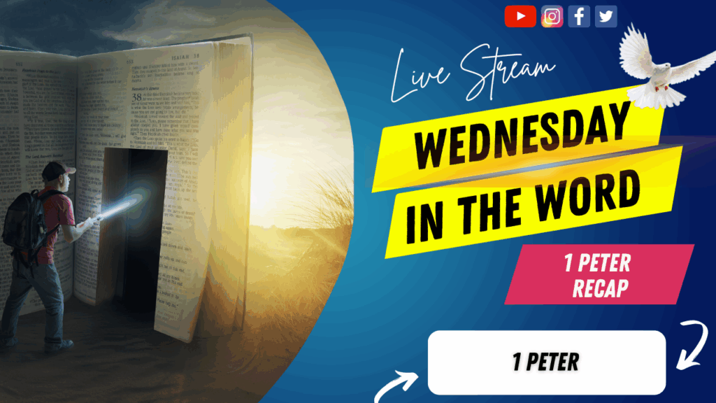 [Description of Image]: A thumbnail image featuring a symbolic representation of a journey through scripture. It includes a man wearing a red shirt, blue jeans, backpack, and a red baseball cap, holding a flashlight and pointing it towards a "door" cutout into a giant-sized Bible. The scene is set in a desert or barren land, with the sun in the distance. A white dove is also depicted in the image, representing peace and guidance [Text Overlay]: "Wednesday in The Word" live stream thumbnail with the Bible book reference 1 Peter and the date July 23, 2025.