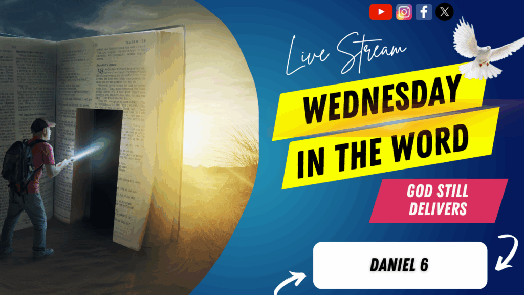 [Description of Image]: A thumbnail image featuring a symbolic representation of a journey through scripture. It includes a man wearing a red shirt, blue jeans, backpack, and a red baseball cap, holding a flashlight and pointing it towards a "door" cutout into a giant-sized Bible. The scene is set in a desert or barren land, with the sun in the distance. A white dove is also depicted in the image, representing peace and guidance [Text Overlay]: "Wednesday in The Word" live stream thumbnail with the Bible book reference Daniel 6 and the date September 17, 2025.