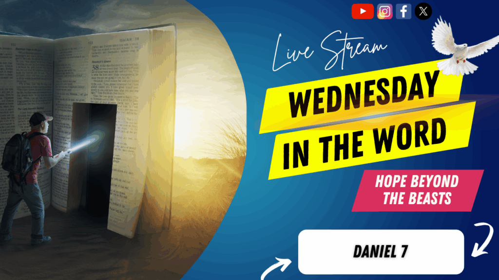 [Description of Image]: A thumbnail image featuring a symbolic representation of a journey through scripture. It includes a man wearing a red shirt, blue jeans, backpack, and a red baseball cap, holding a flashlight and pointing it towards a "door" cutout into a giant-sized Bible. The scene is set in a desert or barren land, with the sun in the distance. A white dove is also depicted in the image, representing peace and guidance [Text Overlay]: "Wednesday in The Word" live stream thumbnail with the Bible book reference Daniel 7 and the date September 24, 2025.