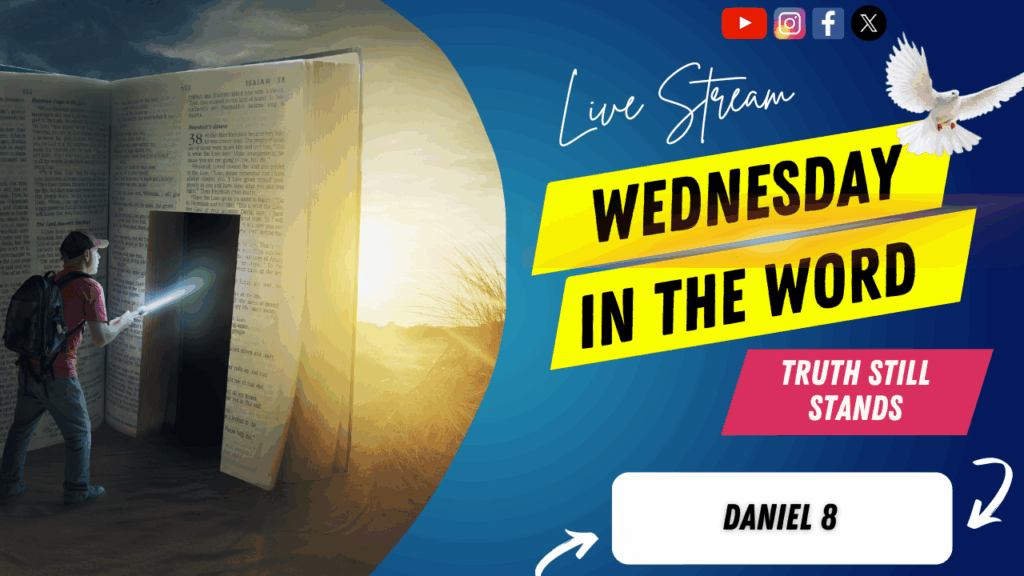[Description of Image]: A thumbnail image featuring a symbolic representation of a journey through scripture. It includes a man wearing a red shirt, blue jeans, backpack, and a red baseball cap, holding a flashlight and pointing it towards a "door" cutout into a giant-sized Bible. The scene is set in a desert or barren land, with the sun in the distance. A white dove is also depicted in the image, representing peace and guidance [Text Overlay]: "Wednesday in The Word" live stream thumbnail with the Bible book reference Daniel 8 and the date October 01, 2025.