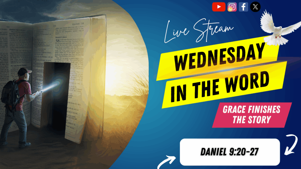 [Description of Image]: A thumbnail image featuring a symbolic representation of a journey through scripture. It includes a man wearing a red shirt, blue jeans, backpack, and a red baseball cap, holding a flashlight and pointing it towards a "door" cutout into a giant-sized Bible. The scene is set in a desert or barren land, with the sun in the distance. A white dove is also depicted in the image, representing peace and guidance [Text Overlay]: "Wednesday in The Word" live stream thumbnail with the Bible book reference Daniel 9:20-27 and the date October 15, 2025.