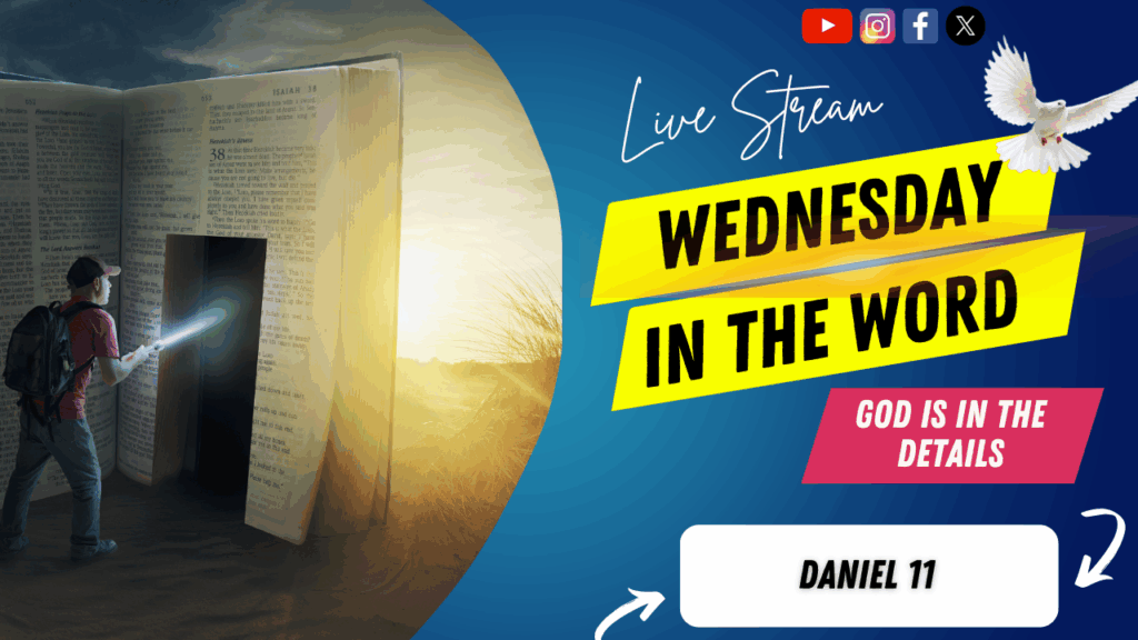 [Description of Image]: A thumbnail image featuring a symbolic representation of a journey through scripture. It includes a man wearing a red shirt, blue jeans, backpack, and a red baseball cap, holding a flashlight and pointing it towards a "door" cutout into a giant-sized Bible. The scene is set in a desert or barren land, with the sun in the distance. A white dove is also depicted in the image, representing peace and guidance [Text Overlay]: "Wednesday in The Word" live stream thumbnail with the Bible book reference Daniel 11 and the date October 29, 2025.