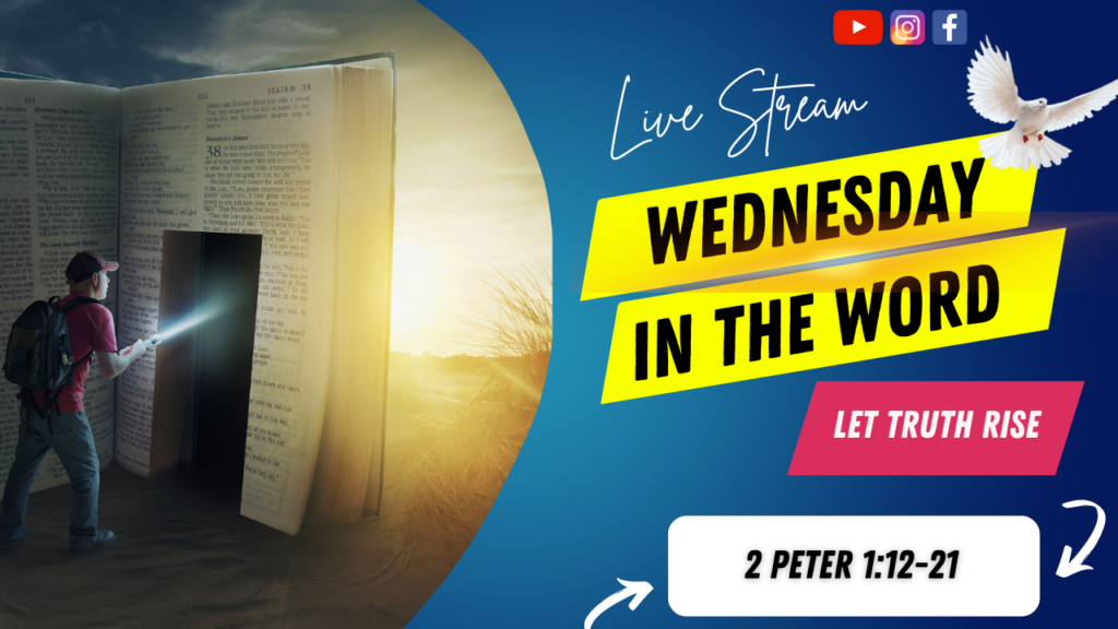 [Description of Image]: A thumbnail image featuring a symbolic representation of a journey through scripture. It includes a man wearing a red shirt, blue jeans, backpack, and a red baseball cap, holding a flashlight and pointing it towards a "door" cutout into a giant-sized Bible. The scene is set in a desert or barren land, with the sun in the distance. A white dove is also depicted in the image, representing peace and guidance [Text Overlay]: "Wednesday in The Word" live stream thumbnail with the Bible book reference 2 Peter 1:12-21 and the date December 03, 2025.